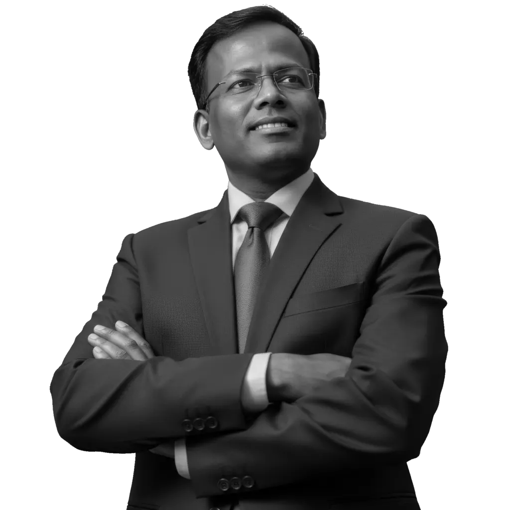 Black and white portrait of Adv. K Rajesh Kannan with arms folded