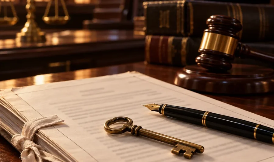 A bail bond document with an old brass key and a fountain pen, a law volume and a gavel behind