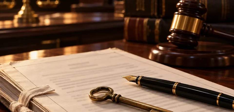 Bail in the High Court of Kerala A bail bond document with an old brass key and a fountain pen, a law volume and a gavel behind