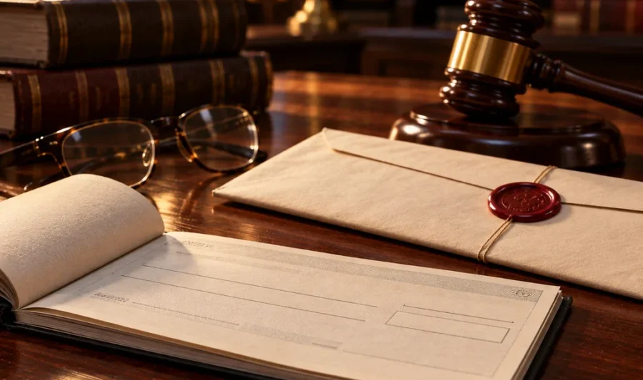 Cheque bounce case under Section 138 An open cheque book, a legal notice envelope sealed with red wax, a gavel and reading glasses