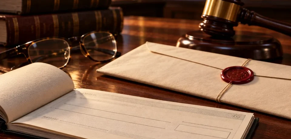 Cheque bounce case under Section 138 An open cheque book, a legal notice envelope sealed with red wax, a gavel and reading glasses