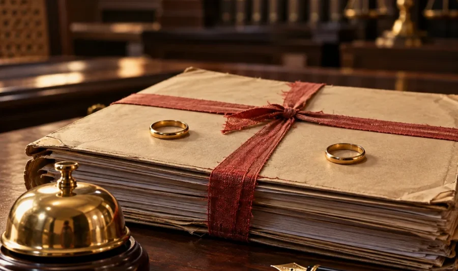 Divorce procedure in Kerala Family Court A family court file tied with red tape with two gold wedding rings placed apart on it, a brass desk bell and a fountain pen