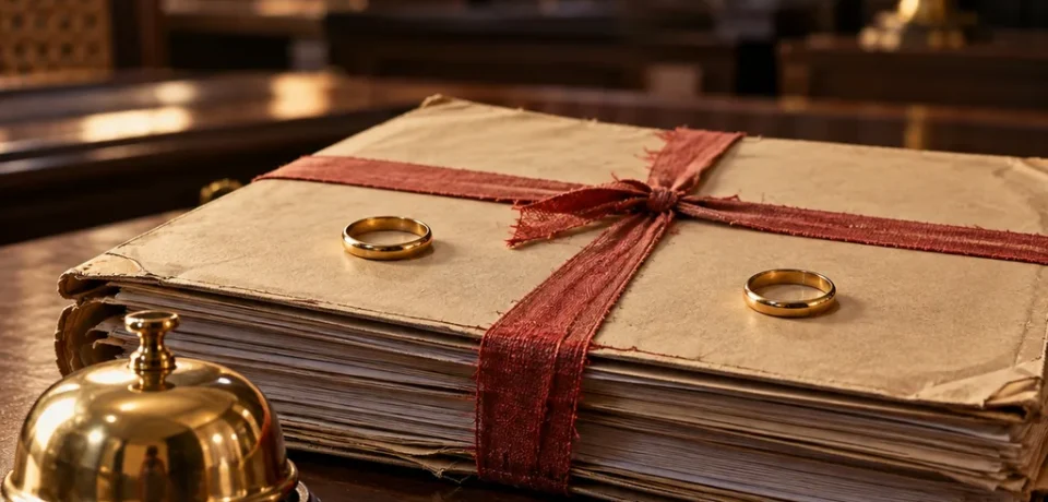 Divorce procedure in Kerala Family Court A family court file tied with red tape with two gold wedding rings placed apart on it, a brass desk bell and a fountain pen