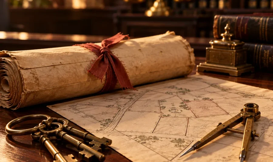 Partition of family property in Kerala An old rolled property deed tied with ribbon, a hand-drawn plot map under a brass divider and a bunch of old keys