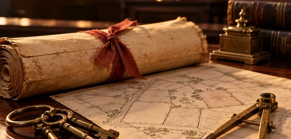 An old rolled property deed tied with ribbon, a hand-drawn plot map under a brass divider and a bunch of old keys