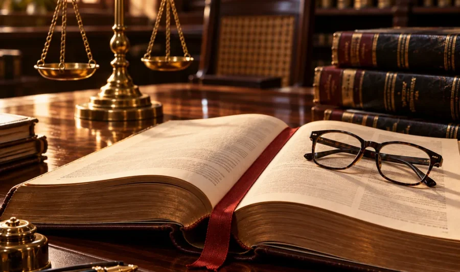 An open law volume with a red ribbon bookmark, brass scales of justice and reading glasses