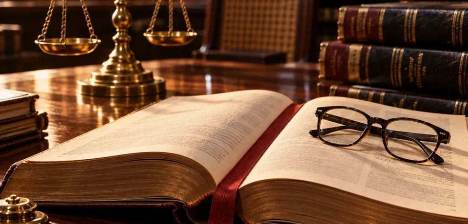 Your rights after an arrest in Kerala An open law volume with a red ribbon bookmark, brass scales of justice and reading glasses