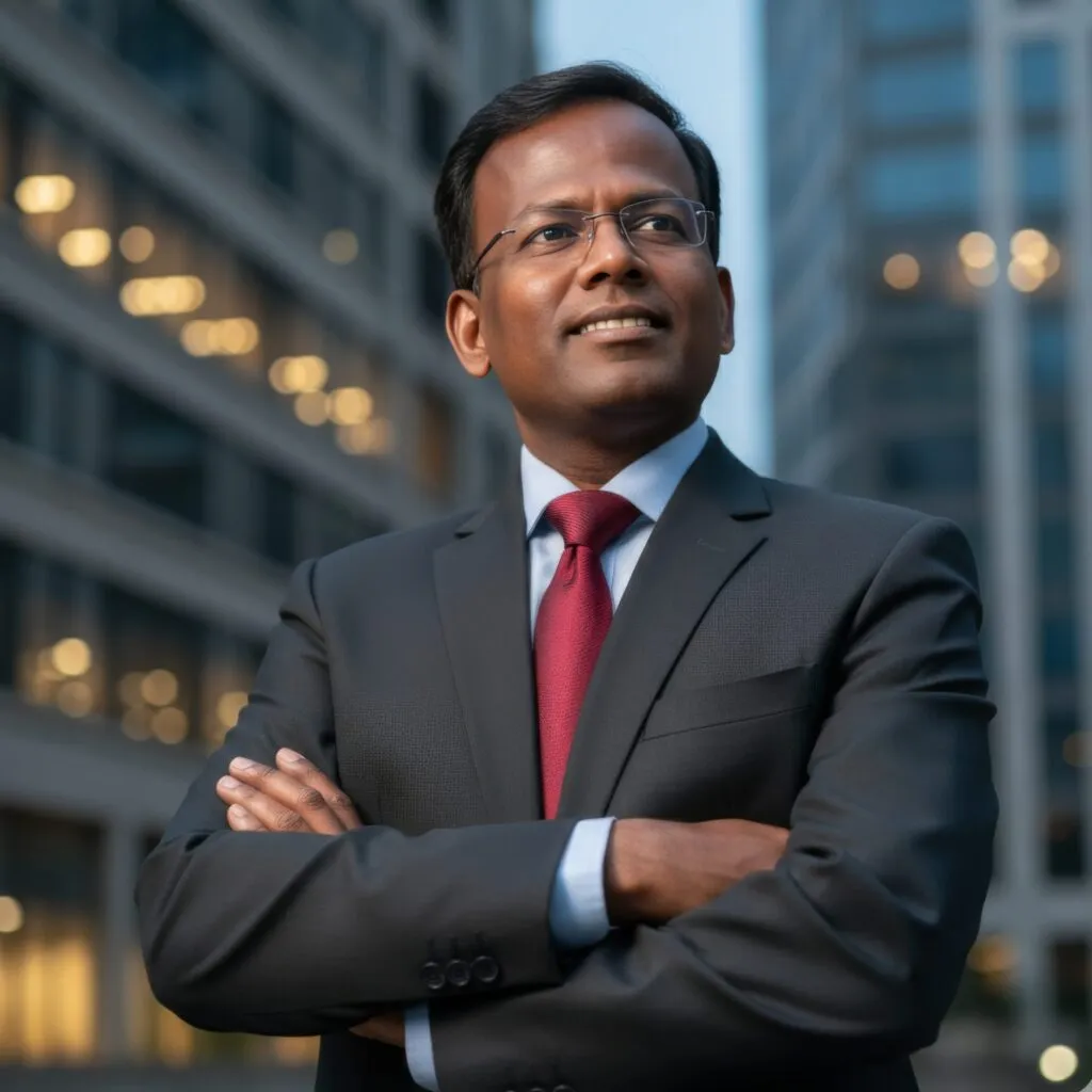 Adv. K Rajesh Kannan in a suit with arms folded