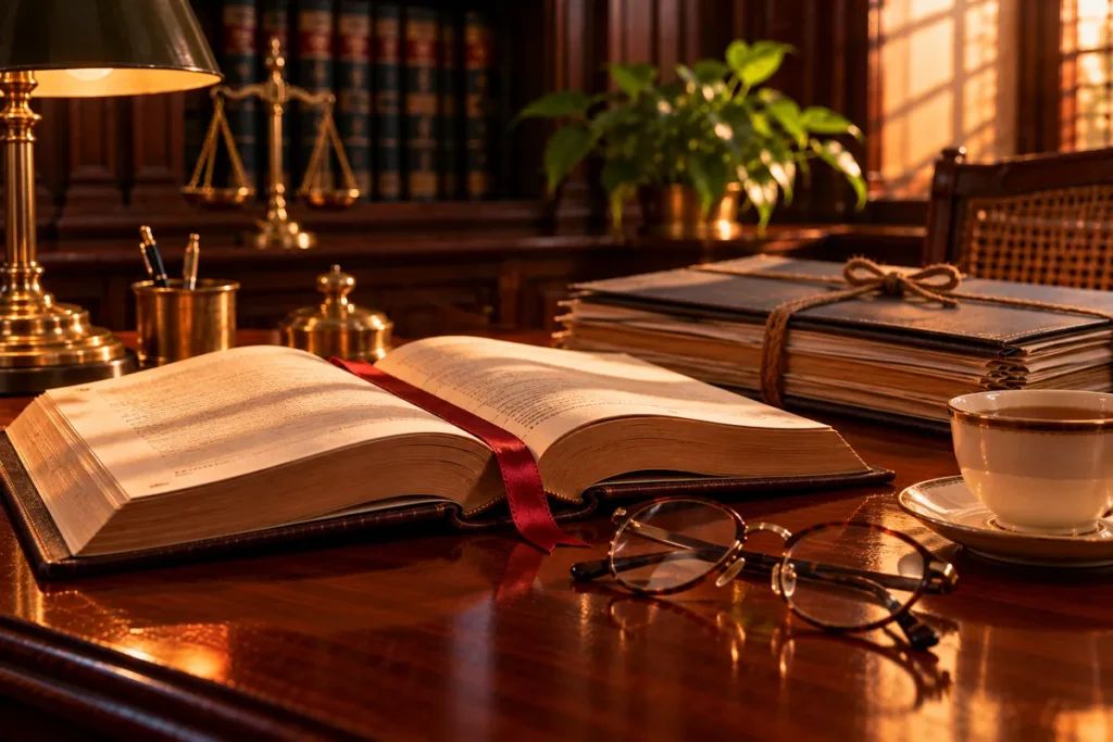 An open law book with a red ribbon marker, reading glasses, a cup of tea and a case folder tied with string