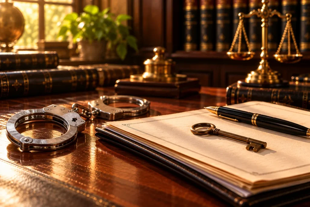 Open handcuffs beside a bail bond, a fountain pen and an old brass key