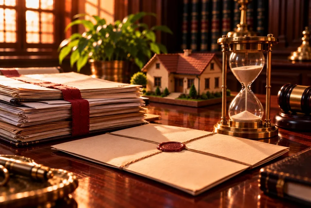 A stack of bank notices tied with red tape, a sealed sale notice envelope and a brass hourglass, with a small house model behind