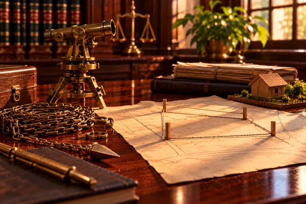 A brass theodolite and a surveyor's chain beside a plot sketch marked out with wooden pegs and string, with a small house model behind