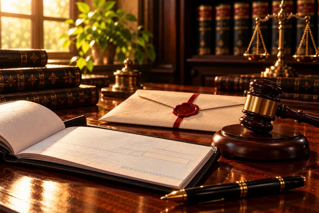 An open cheque book, a sealed legal notice envelope and a gavel
