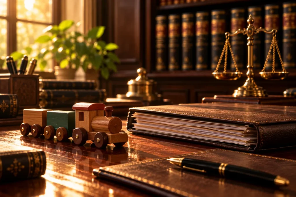 A wooden toy train beside a family court file and a small brass scale of justice