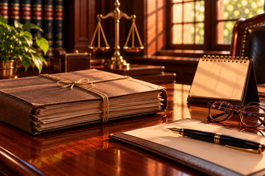 A case file tied with string beside a desk calendar with blank pages, reading glasses and a fountain pen on a writing pad