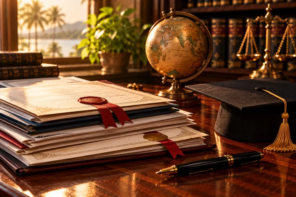 A stack of academic transcripts and certificates with a small globe and a graduation cap