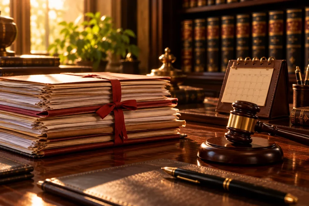 Court files tied with red tape beside a desk calendar and a gavel