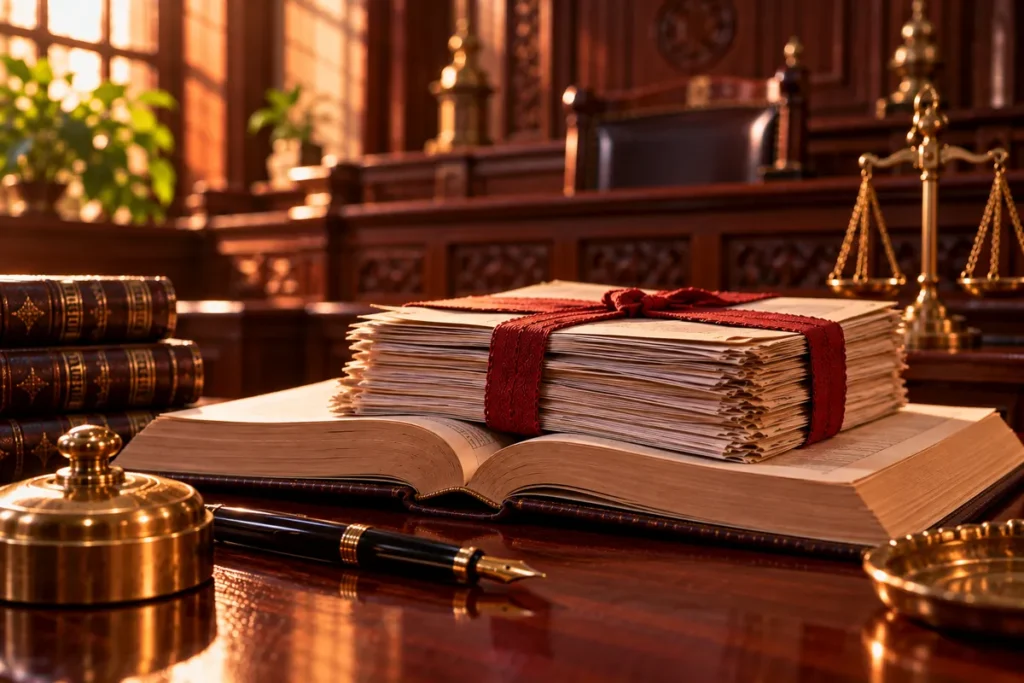 A petition bundle tied with red tape resting on an open law volume, with a fountain pen, a brass paperweight and scales of justice
