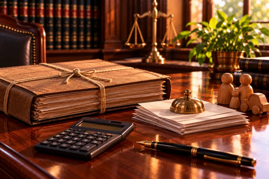 A family court file tied with string beside a calculator, folded papers under a brass paperweight and small wooden family figures