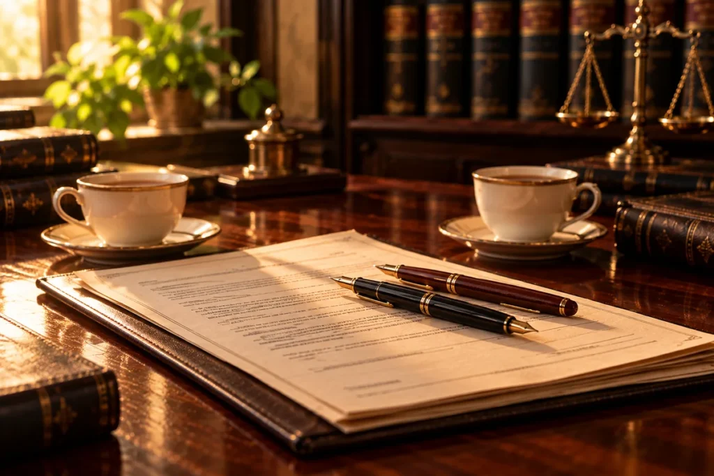 Two fountain pens side by side on a settlement agreement with two cups of tea