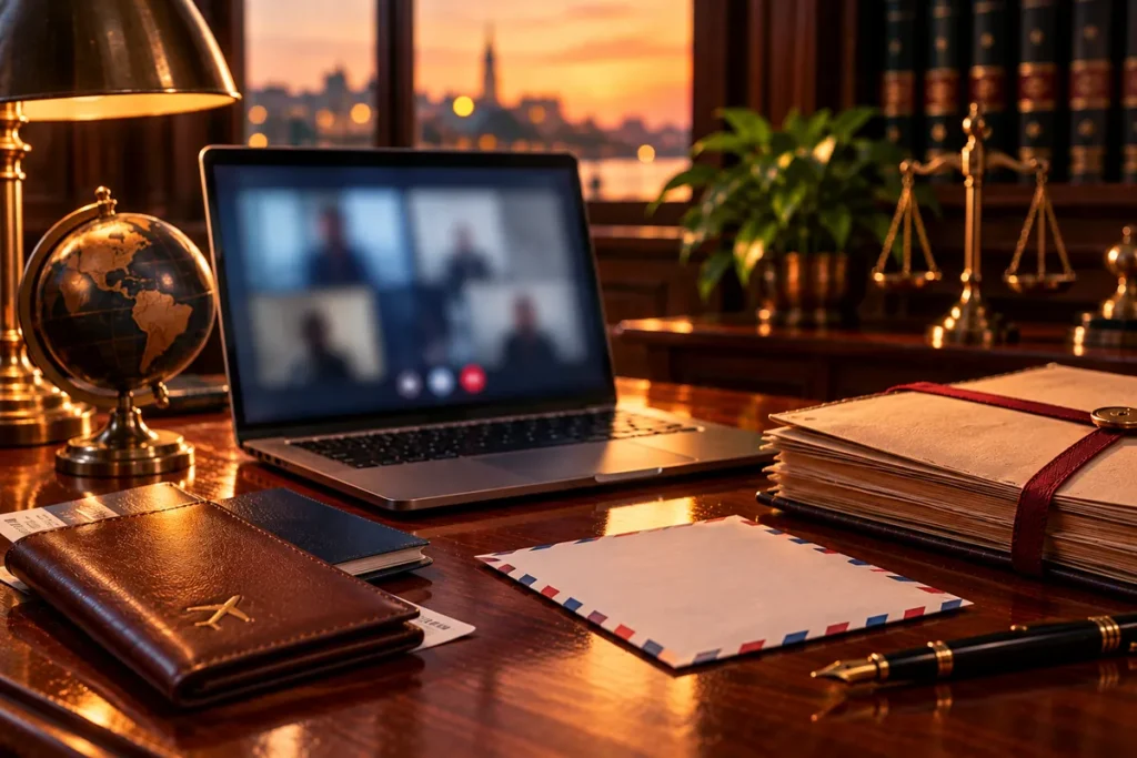 An open laptop with a blurred video call beside a leather travel wallet, an airmail envelope and a legal file