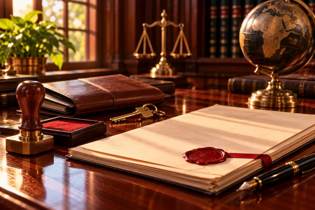 A wooden rubber stamp and red ink pad beside a document with a red wax seal, a leather folio, a brass key and a desk globe