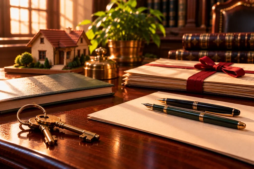 Two fountain pens on a blank letter beside a closed bank passbook, a ring of old keys and a document tied with red ribbon