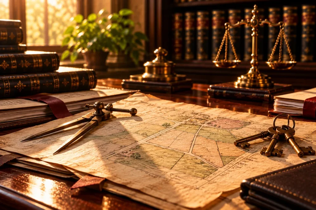 A family property map divided into plots with ribbon lines, brass dividers and a bunch of old keys