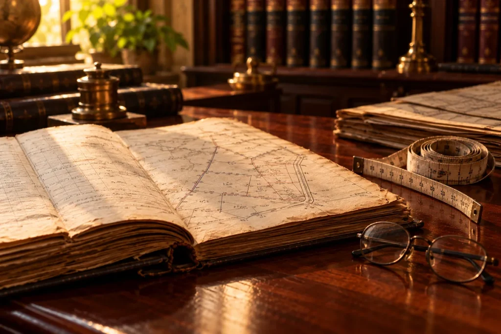 An open land-record register with a hand-drawn plot map, a measuring tape and reading glasses