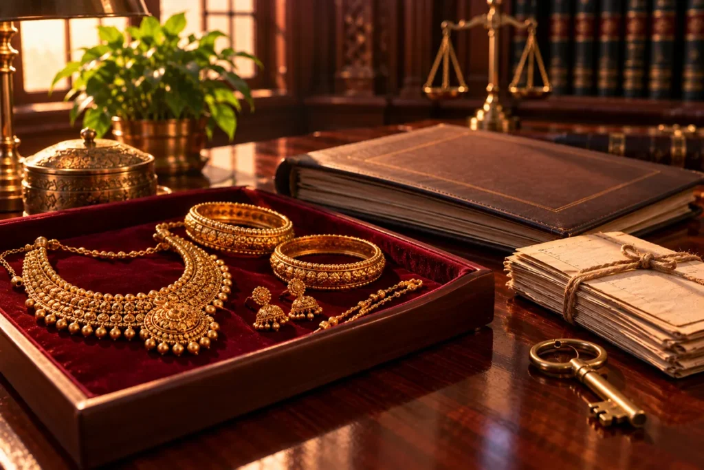 Traditional gold jewellery on a red velvet tray beside a closed photo album, a bundle of old bills tied with string and a brass key
