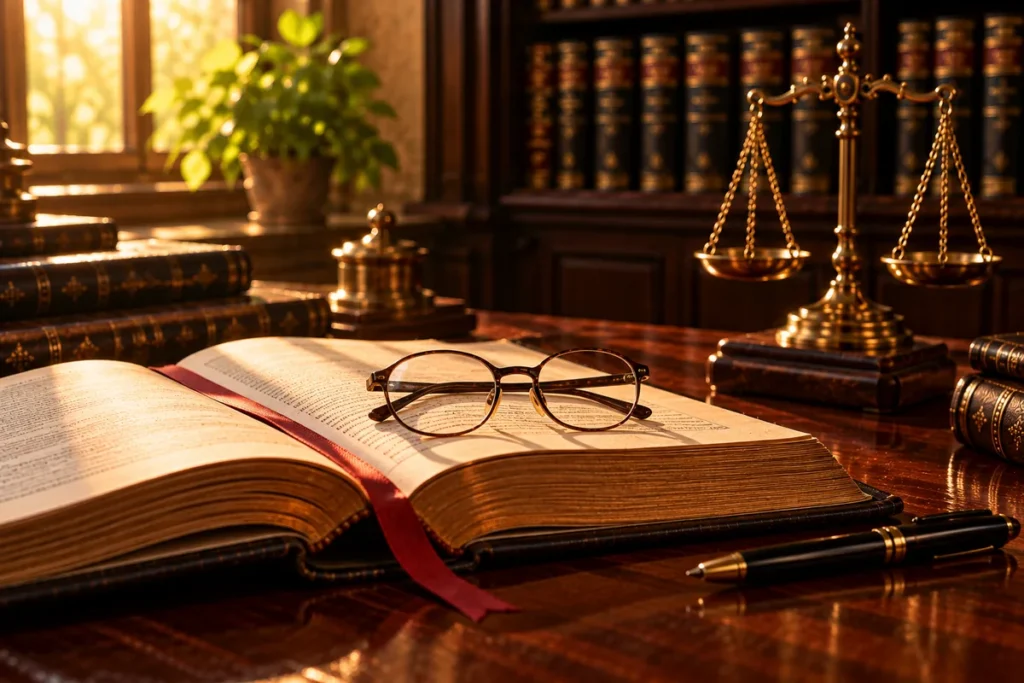 An open law book with a red ribbon bookmark, brass scales and reading glasses