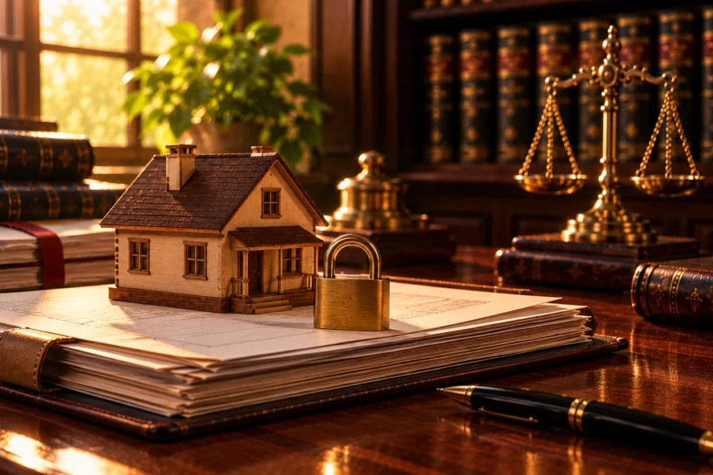 A small wooden house on a stack of loan documents with a brass padlock