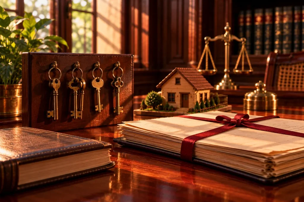 Old brass keys hanging on a wooden key board beside a closed receipt book, a lease deed tied with red ribbon and a small house model