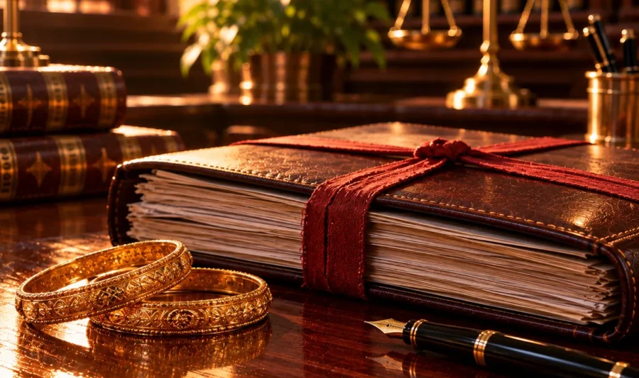 Two gold bangles beside a closed case file tied with red tape, a fountain pen and brass scales of justice in soft focus