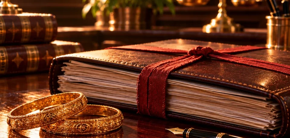 Two gold bangles beside a closed case file tied with red tape, a fountain pen and brass scales of justice in soft focus