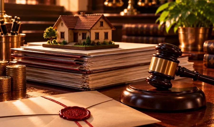 Bank auction notice in Kerala A wooden auction gavel on its sound block beside a small wooden house model on a stack of loan papers and a sealed tender envelope