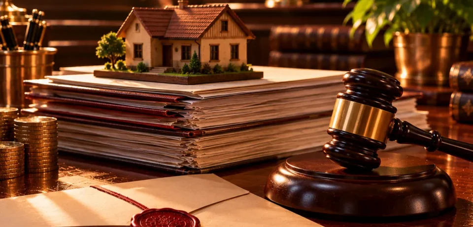 A wooden auction gavel on its sound block beside a small wooden house model on a stack of loan papers and a sealed tender envelope