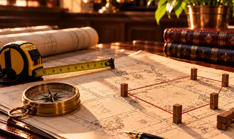 Boundary dispute with a neighbour in Kerala A surveyor's measuring tape and a brass compass on a hand-drawn plot sketch with small wooden boundary pegs joined by string