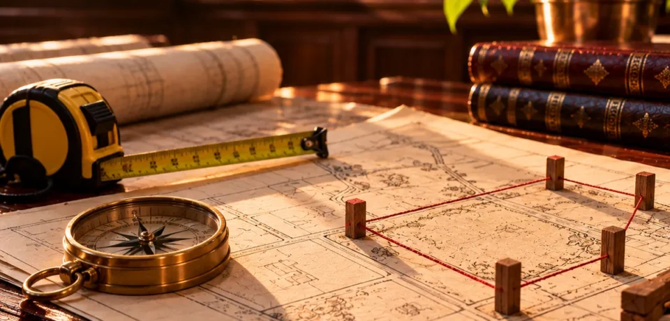 A surveyor's measuring tape and a brass compass on a hand-drawn plot sketch with small wooden boundary pegs joined by string