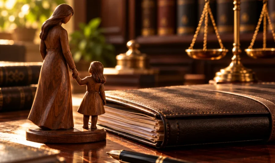 Child custody in Kerala Carved wooden figures of a parent holding a child's hand beside a family court file and brass scales