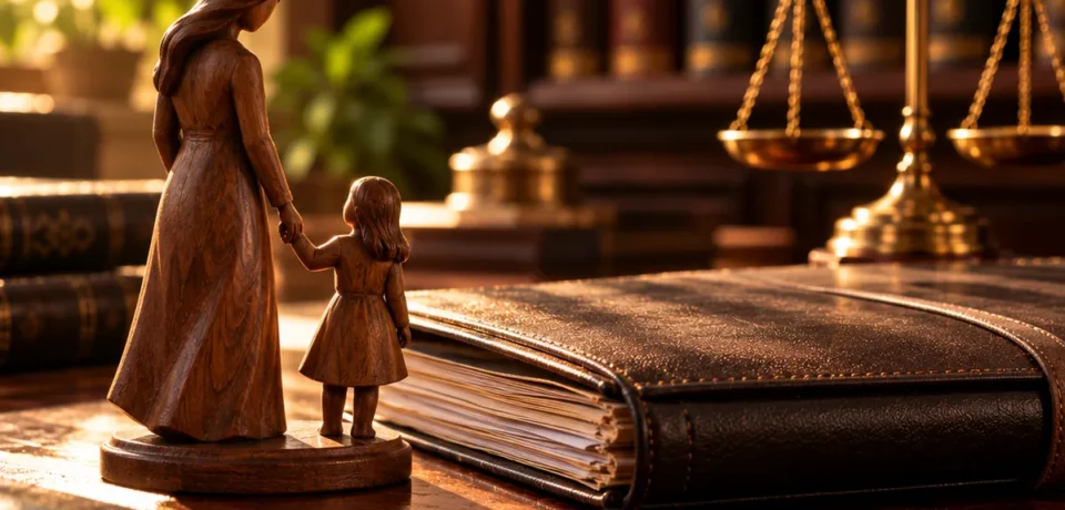 Carved wooden figures of a parent holding a child's hand beside a family court file and brass scales