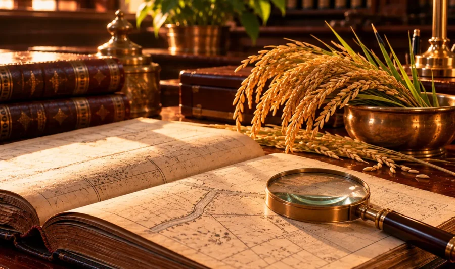 Data bank removal in Kerala An old land record register open at a plot sketch, a brass bowl of golden paddy stalks and a brass magnifying glass