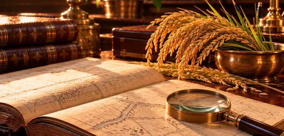 An old land record register open at a plot sketch, a brass bowl of golden paddy stalks and a brass magnifying glass