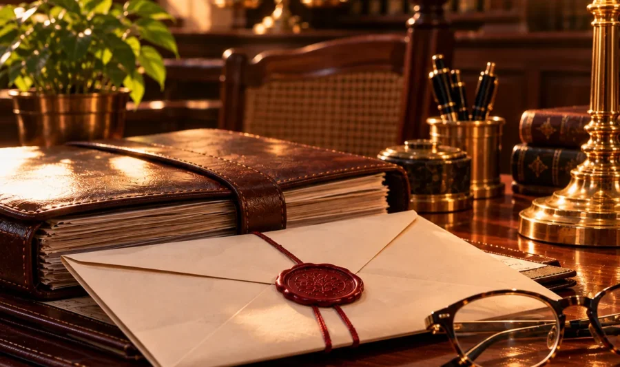 Domestic violence case against you in Kerala A sealed court notice envelope with a red wax seal beside a closed leather case file, reading glasses and a brass desk lamp