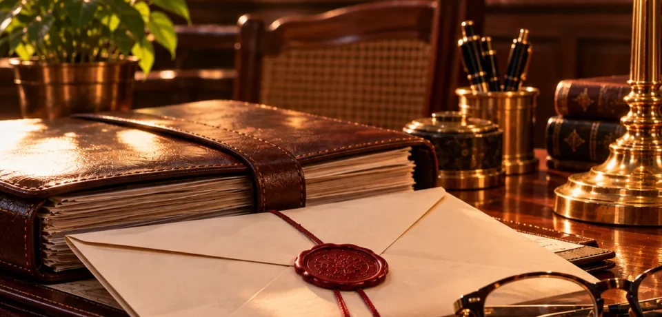 A sealed court notice envelope with a red wax seal beside a closed leather case file, reading glasses and a brass desk lamp