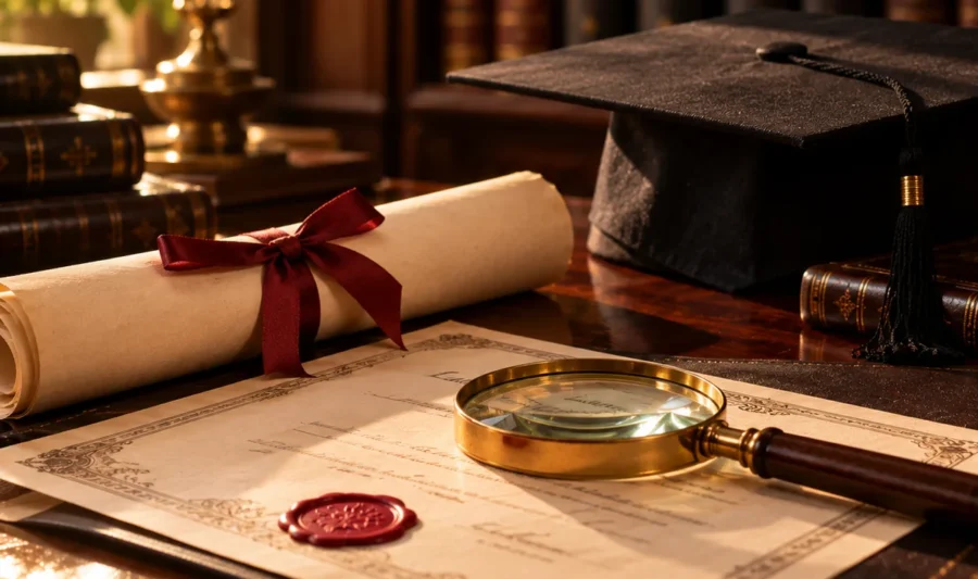 Equivalency certificate in Kerala A rolled degree tied with red ribbon, a graduation cap and a brass magnifier over a certificate with a wax seal