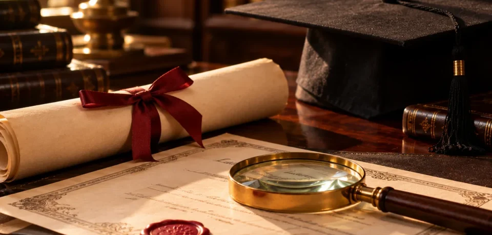 Equivalency certificate in Kerala A rolled degree tied with red ribbon, a graduation cap and a brass magnifier over a certificate with a wax seal