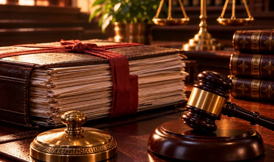 A thick bundle of case papers tied with red tape set aside, a brass paperweight and a wooden gavel at rest