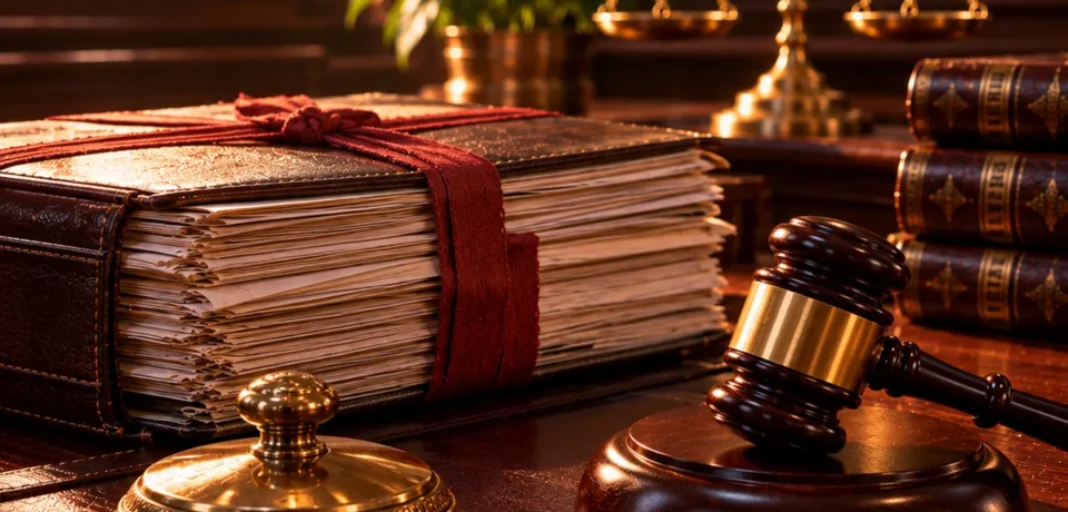 FIR quashing in the Kerala High Court A thick bundle of case papers tied with red tape set aside, a brass paperweight and a wooden gavel at rest