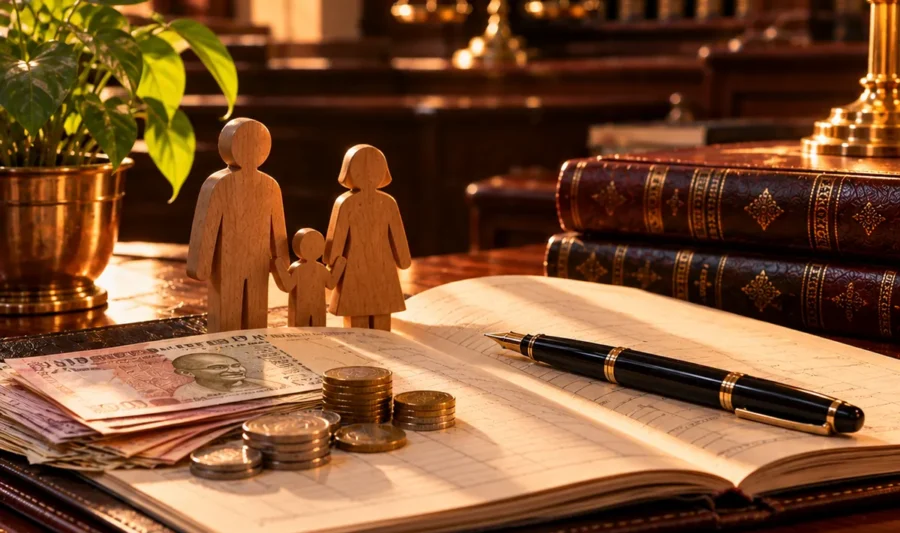 Maintenance for wife and children in Kerala An open household account ledger with Indian rupee notes and coins, small wooden family figures and a fountain pen
